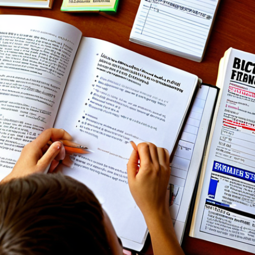 Home 4 ** A student studying marketing books and notes, surrounded by "Principles of Marketing" by Philip Kotler, highlighting key concepts like market segmentation, targeting, and positioning. Emphasis on learning basic marketing concepts.
**