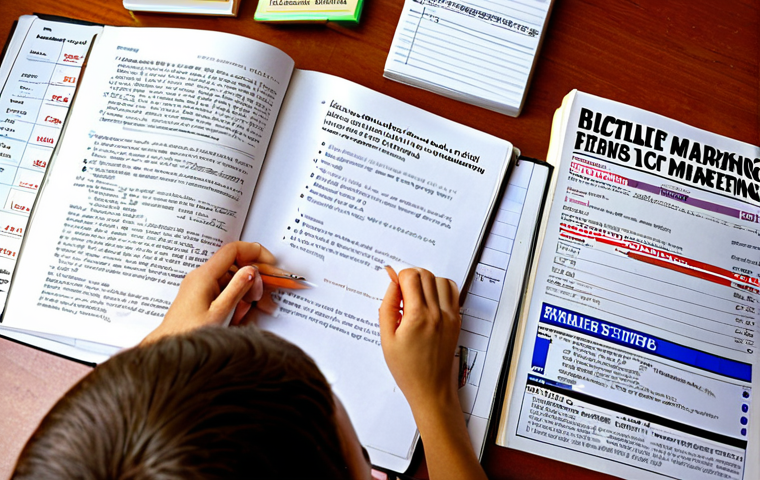 ** A student studying marketing books and notes, surrounded by "Principles of Marketing" by Philip Kotler, highlighting key concepts like market segmentation, targeting, and positioning. Emphasis on learning basic marketing concepts.
**