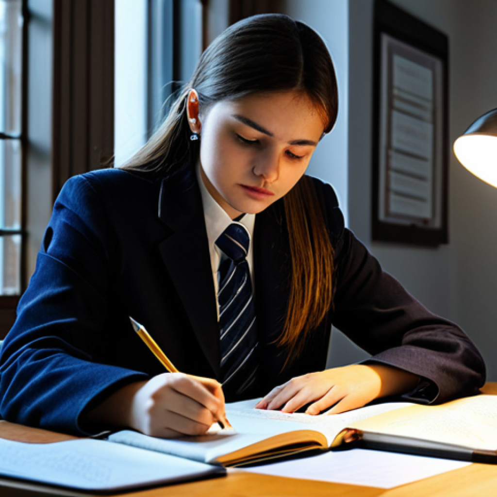 **

"A student, fully clothed in modest attire, reviewing notes at a desk illuminated by a desk lamp.  Open textbooks and neatly organized stationery surround them.  The atmosphere is studious and focused, safe for work, appropriate content, perfect anatomy, natural proportions, professional study environment, high quality."

**