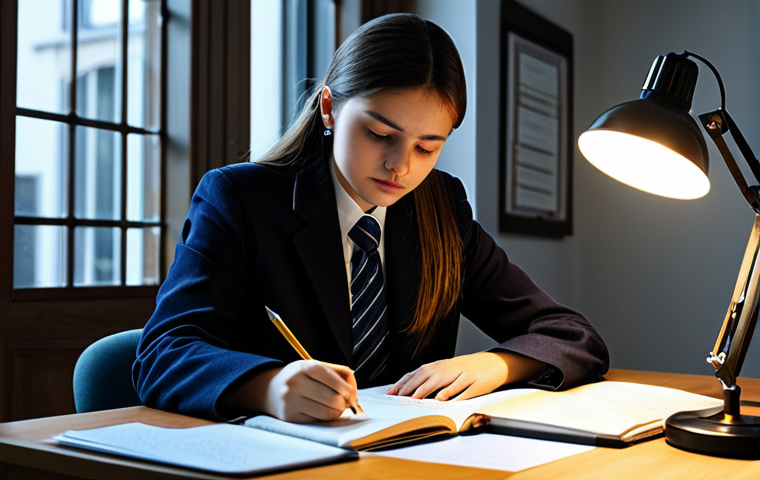 **

"A student, fully clothed in modest attire, reviewing notes at a desk illuminated by a desk lamp.  Open textbooks and neatly organized stationery surround them.  The atmosphere is studious and focused, safe for work, appropriate content, perfect anatomy, natural proportions, professional study environment, high quality."

**