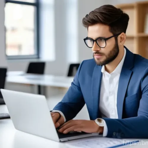 Home 1 마케팅관리사 취득 후 업무 중 스트레스 관리법 - **Prompt:** A focused professional, either male or female, in their late 20s to early 30s, is seated...