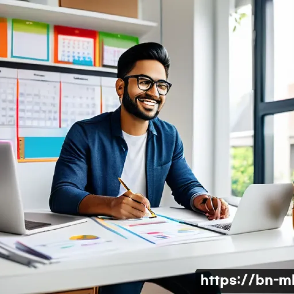 마케팅관리사 자격증 취득 후 프리랜서 가능성 - A professional freelance marketer of Bengali descent working at a modern home office, surrounded by ...