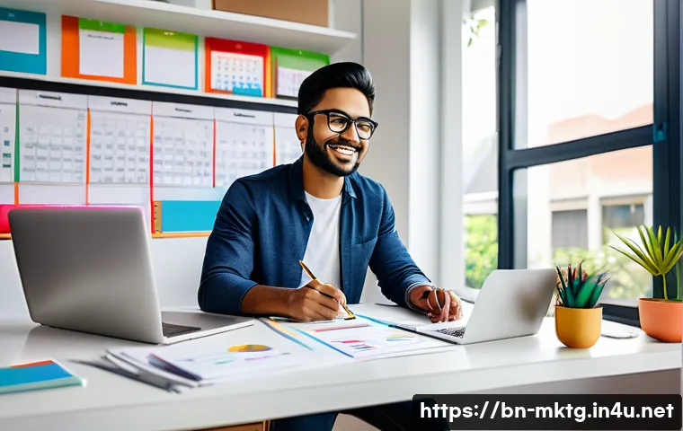마케팅관리사 자격증 취득 후 프리랜서 가능성 - A professional freelance marketer of Bengali descent working at a modern home office, surrounded by ...