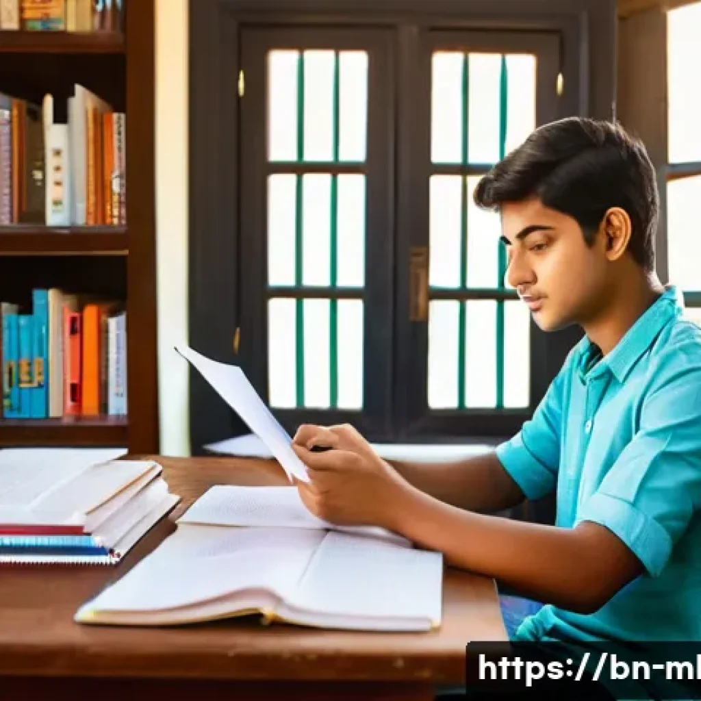 마케팅관리사 실기 시험에서 주의할 점 - A focused Bengali student sitting at a traditional wooden desk in a cozy study room filled with shel...