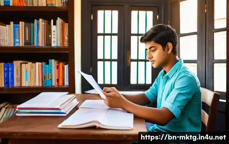 마케팅관리사 실기 시험에서 주의할 점 - A focused Bengali student sitting at a traditional wooden desk in a cozy study room filled with shel...