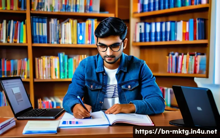 마케팅관리사 필기와 실기 시험 후기 - A detailed scene of a Bengali student preparing for a marketing manager exam at a study desk, surrou...