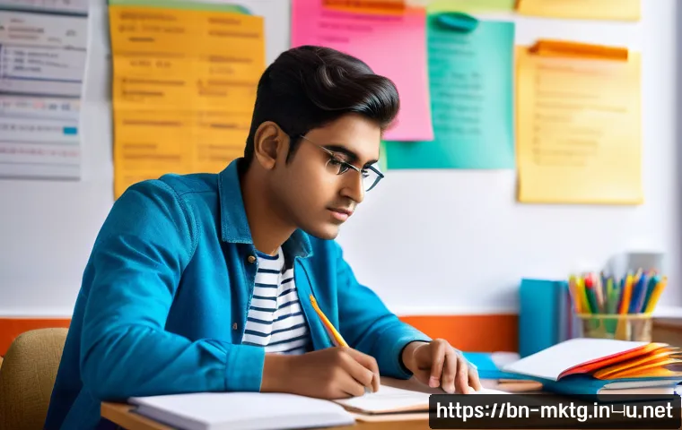 마케팅관리사 실기 시험 전략 및 실전 팁 - A focused Bengali student studying marketing management at a desk filled with textbooks, notebooks, ...