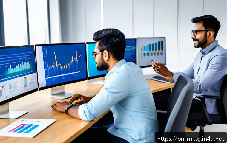 마케팅관리사 자격증과 관련된 대학 전공 - A professional digital marketing team in a modern office setting, analyzing vibrant graphs and data ...