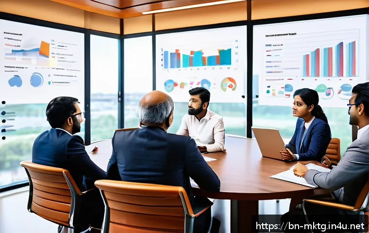 마케팅관리사 자격증 취득 후 회의 진행 스킬 - A professional meeting room scene featuring a diverse group of Bengali businesspeople sitting around...