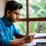 마케팅관리사 합격을 위한 시간 관리 전략 - A focused Bangladeshi student studying marketing management at a traditional wooden desk, surrounded...