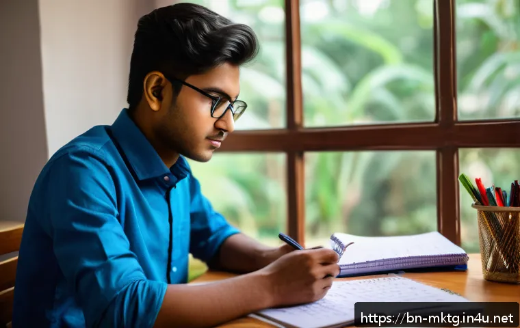 마케팅관리사 합격을 위한 시간 관리 전략 - A focused Bangladeshi student studying marketing management at a traditional wooden desk, surrounded...