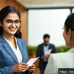 마케팅관리사 시험 후 네트워킹 이벤트 참여법 - A professional networking event scene in a modern conference hall filled with diverse Bengali profes...