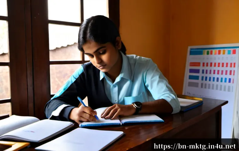 마케팅관리사 시험 난이도 분석 - Photorealistic study scene of a focused young Bengali professional preparing for a challenging marke...